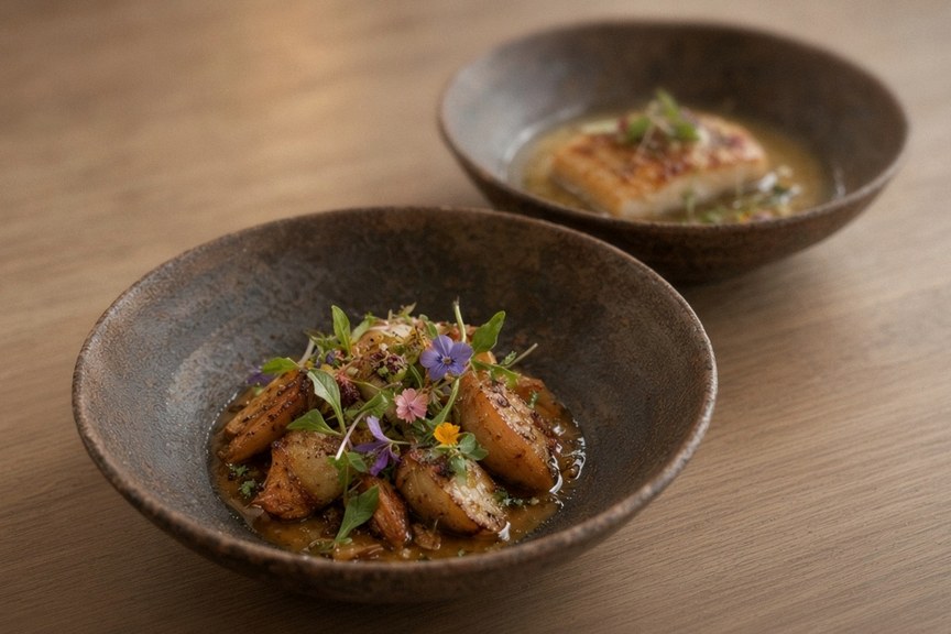 Illustrative AI food photo: vegetable dishes in handmade earthenware bowls