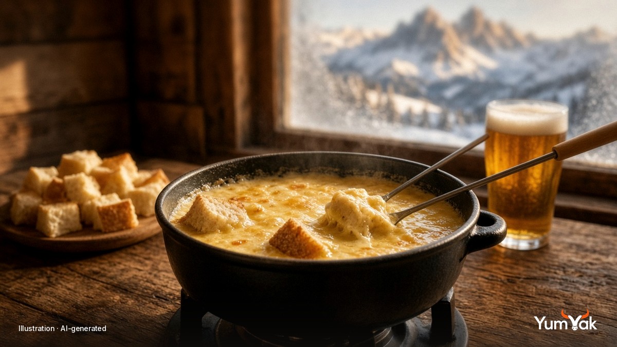 Illustrative AI food photo: a pot of cheese fondue with bread cubes and a glass of beer on a wooden table by a snowy mountain window