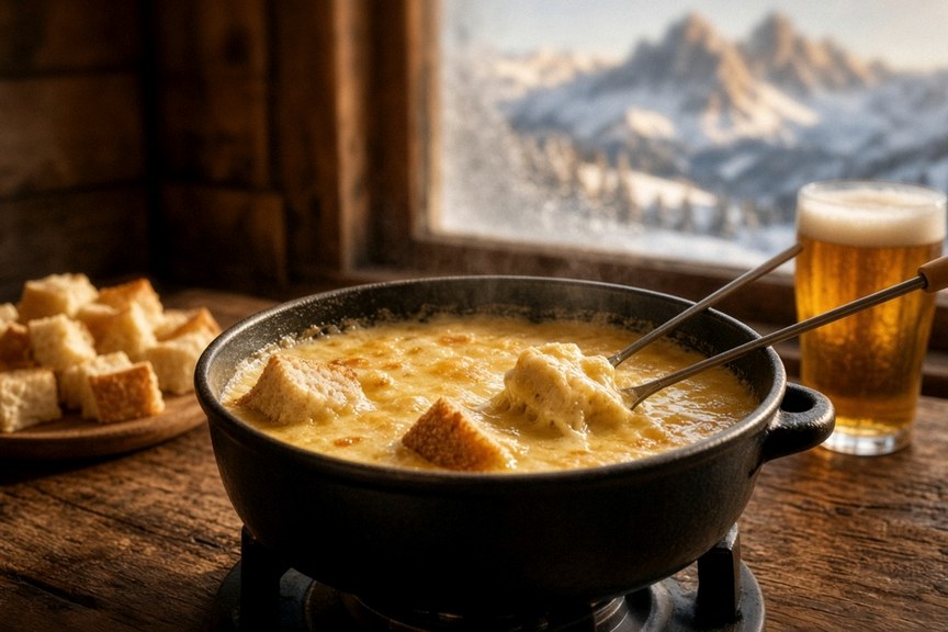 Illustrative AI food photo: a pot of cheese fondue with bread cubes and a glass of beer on a wooden table by a snowy mountain window