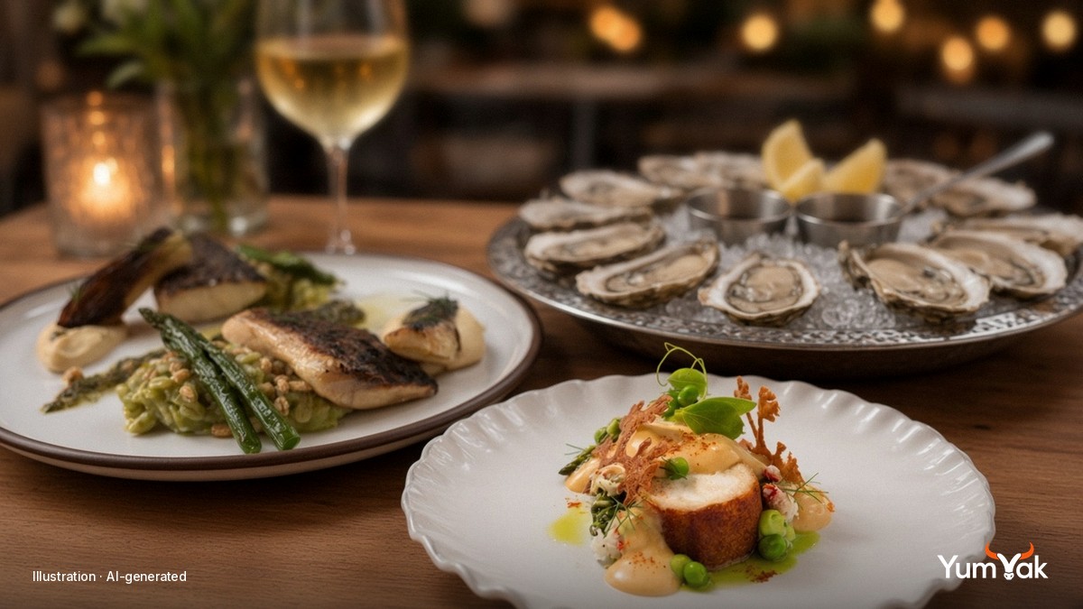 Illustrative editorial food photo: a lobster roll, seafood chowder and oysters on ice on a harbourside table