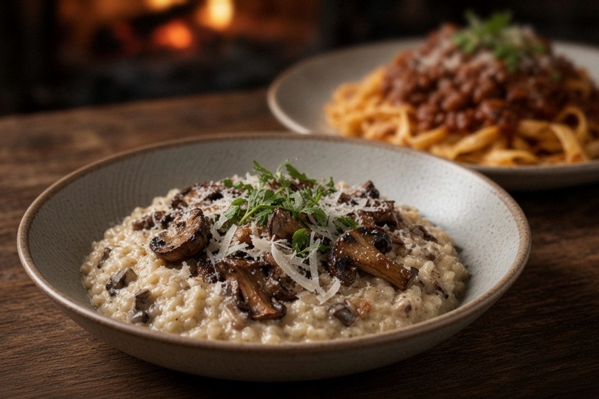 Illustrative AI food photo: a bowl of risotto and a plate of pasta