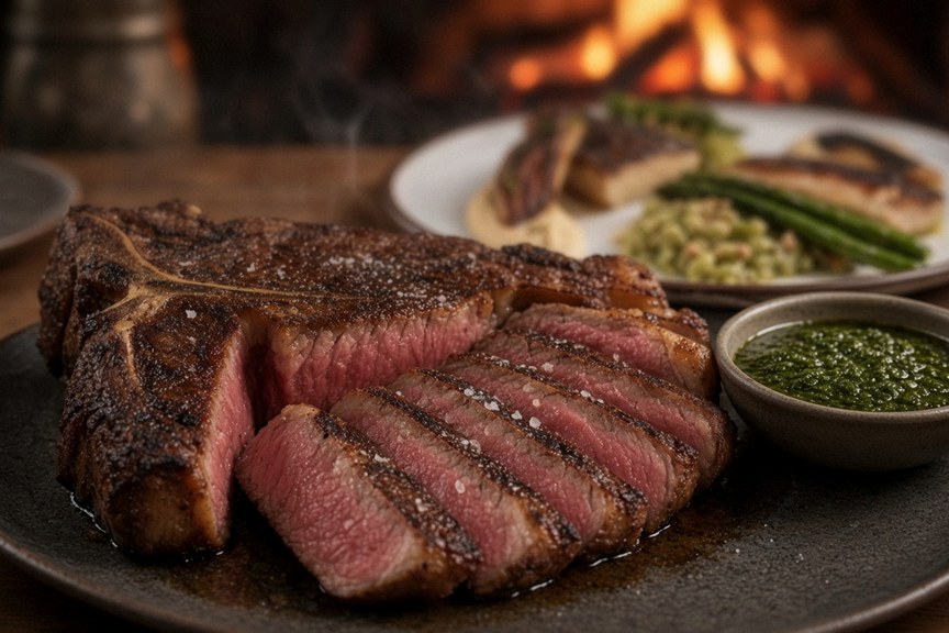 Illustrative AI food photo: sliced grilled steak with chimichurri on a board, fire behind