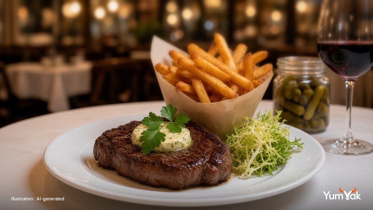 Illustrative editorial food photo: a Montréal bistro table with steak frites, bone marrow and red wine
