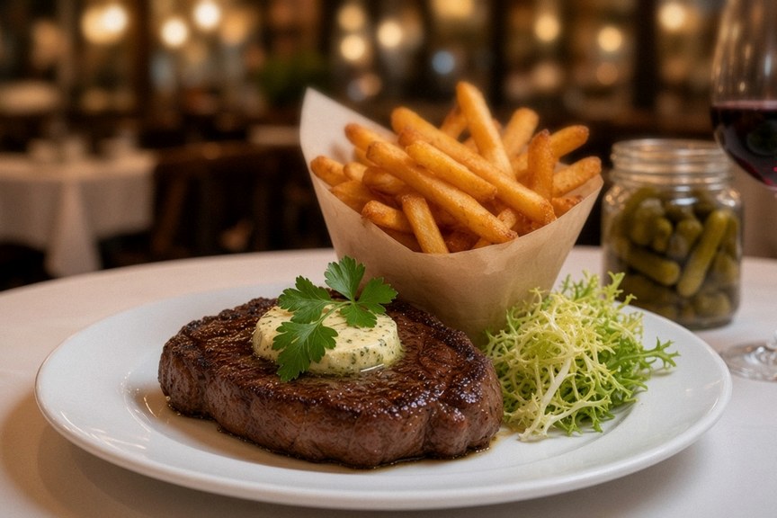 Illustrative AI food photo: steak frites with salad and cornichons on a bistro table
