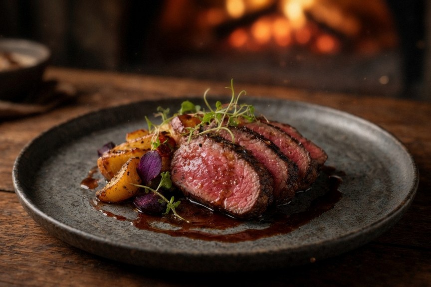 Illustrative AI food photo: sliced wood-fired meat with vegetables on a dark plate, a fire behind