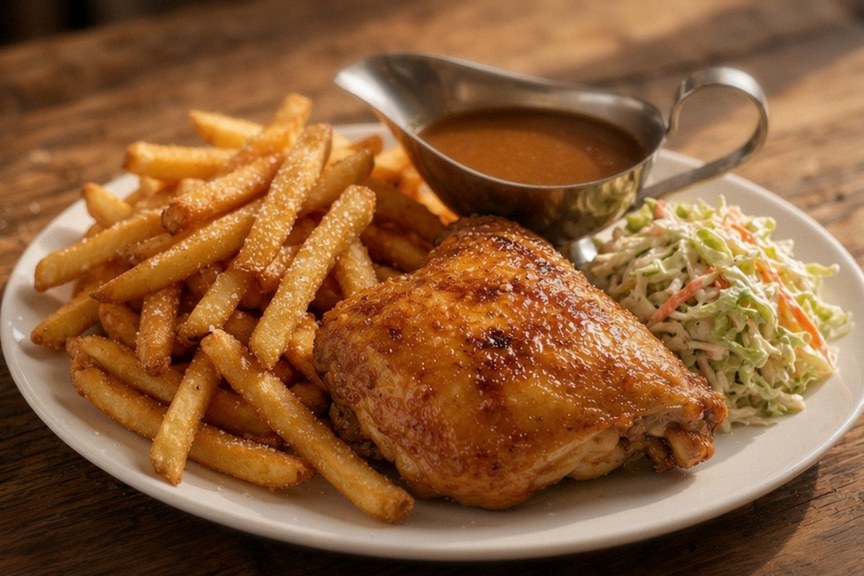 Illustrative AI food photo: rotisserie chicken with fries, coleslaw and gravy