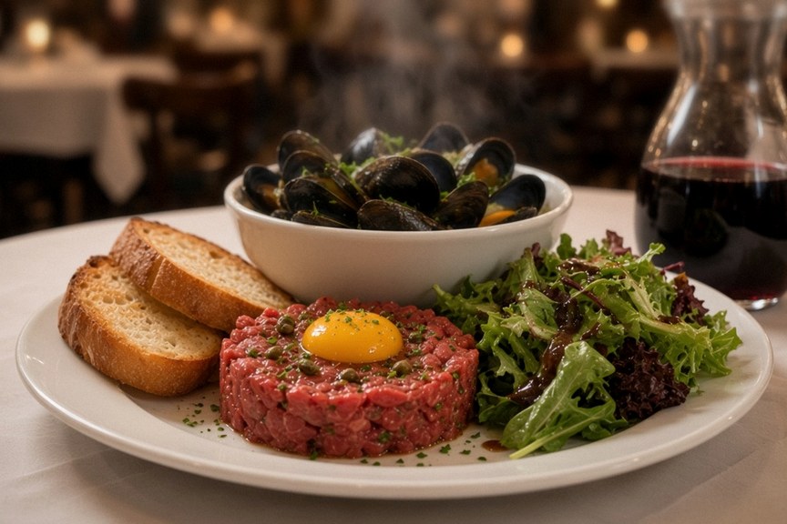 Illustrative AI food photo: steak tartare with toast, mussels and a green salad with red wine