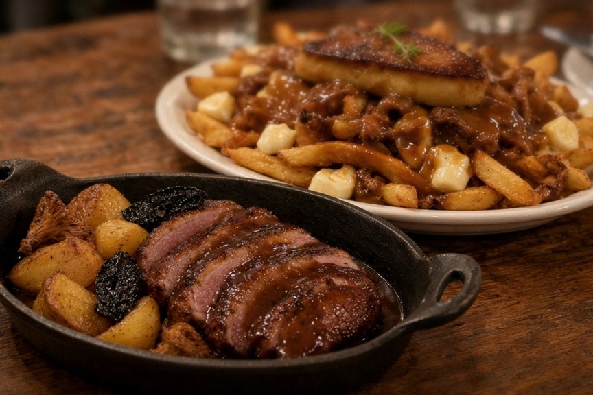 Illustrative AI food photo: duck in a cast-iron pan with fried potatoes in gravy