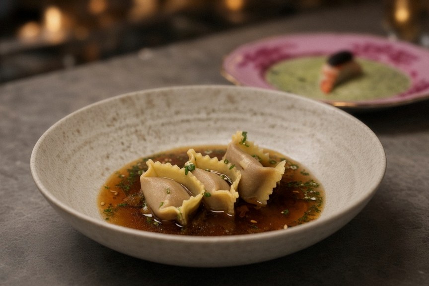 Illustrative AI food photo: dumplings in a clear broth in a wide white bowl