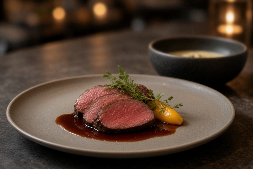 Illustrative AI food photo: sliced duck breast with sauce on a white plate, in the style of AnnaLena