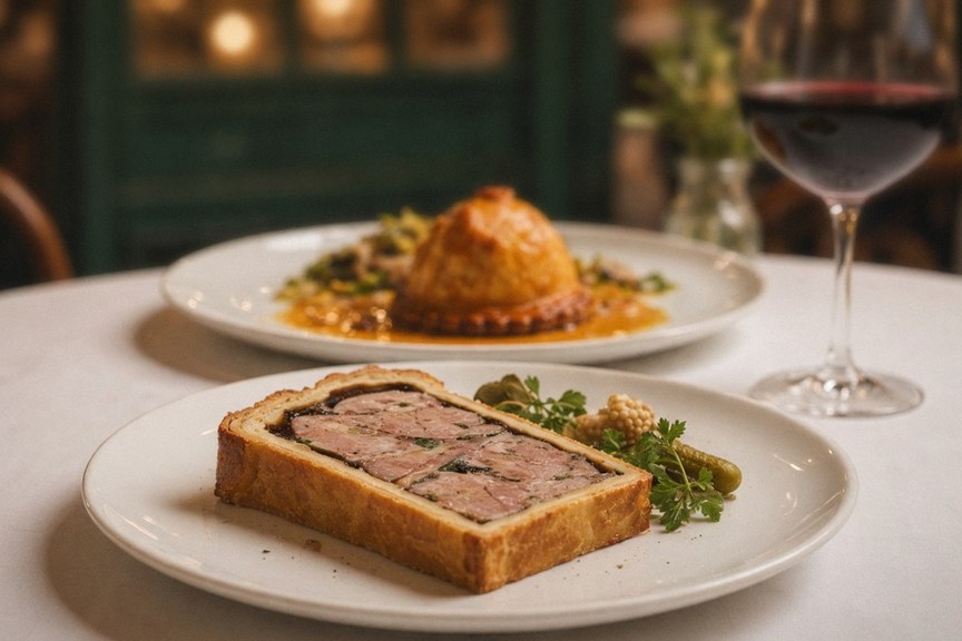 Illustrative AI food photo: sliced pâté en croûte with a side plate in a warm bistro