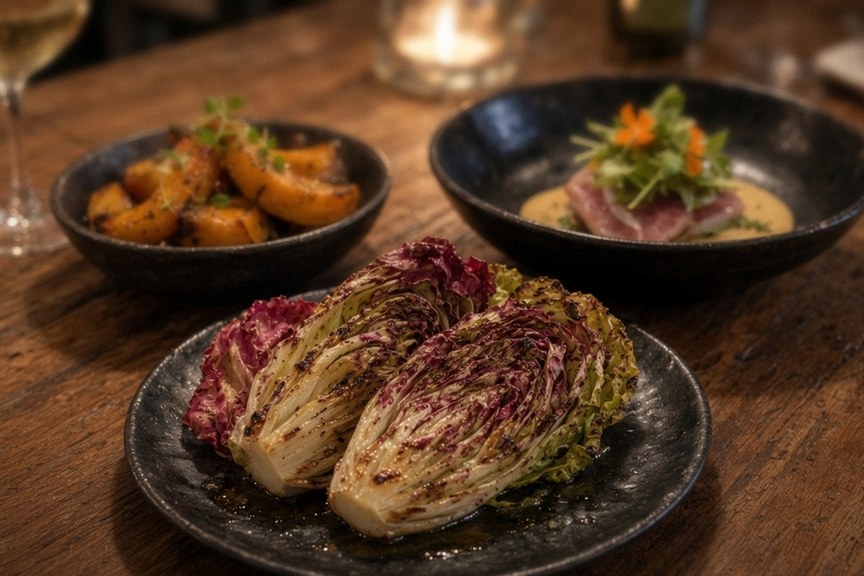 Illustrative AI food photo: roasted cabbage and vegetable dishes on dark stoneware