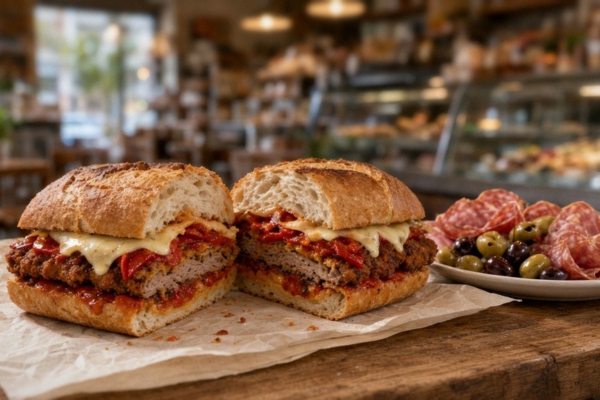 Illustrative AI food photo: two Italian deli sandwiches with antipasti on paper
