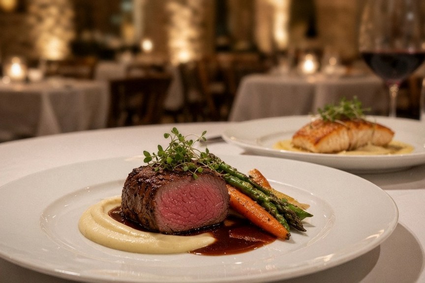 Illustrative AI food photo: sliced beef with purée and vegetables on a white plate