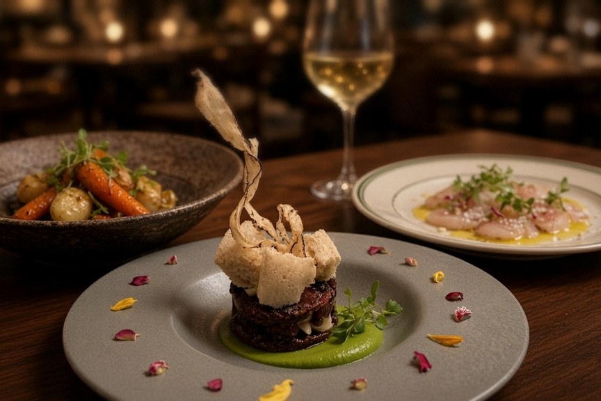 Illustrative AI food photo: three plated tasting-menu courses on a dark table