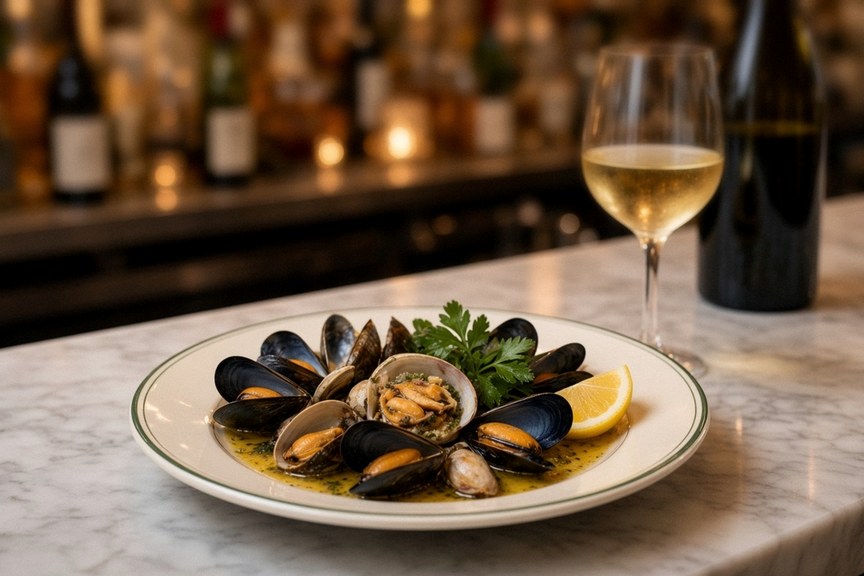 Illustrative AI food photo: a bowl of mussels with a glass of white wine