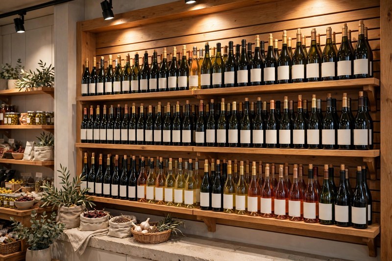 Curated wine shelf in a gourmet market