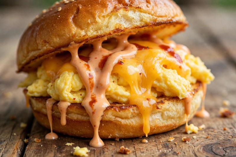 Clean photo of an egg sandwich on a brioche bun, no text