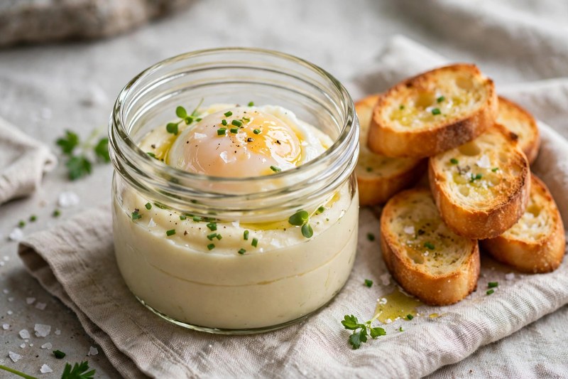 Clean photo of a coddled egg in a glass jar with baguette slices, no text