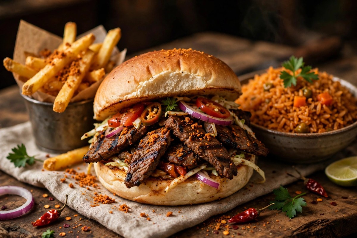 Suya grilled meats with jollof rice and sides