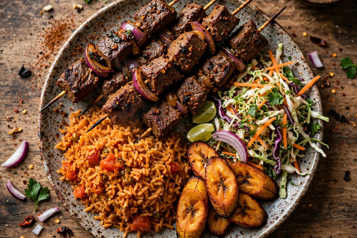 A Nigerian Afro-fusion meal with grilled meats and plantain