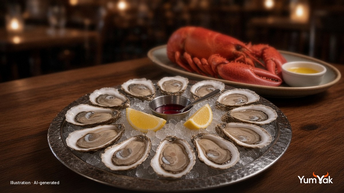 Illustrative editorial food photo: a dozen Atlantic oysters on crushed ice with mignonette, lemon and a cooked lobster