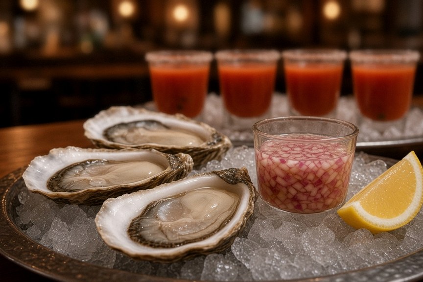 Illustrative AI food photo: oysters on ice with a row of oyster shooters