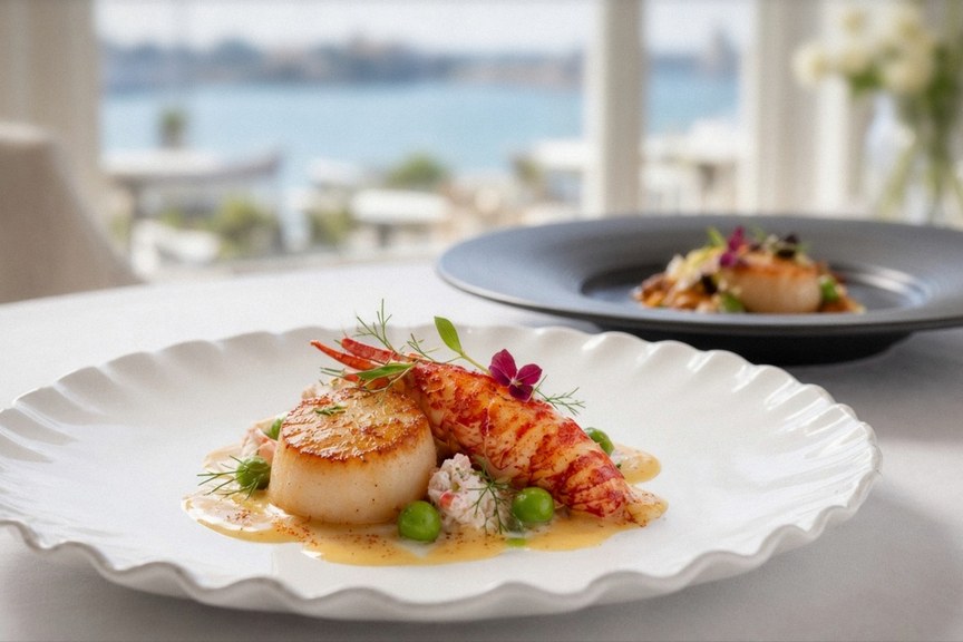 Illustrative AI food photo: seared scallops and lobster on a white plate by a harbour window