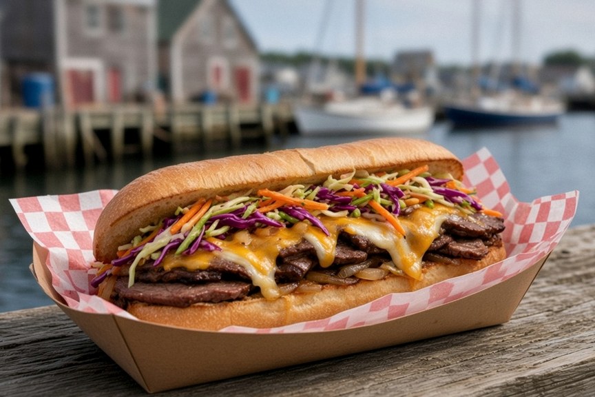 Illustrative AI food photo: a toasted sandwich in a paper boat by the harbour