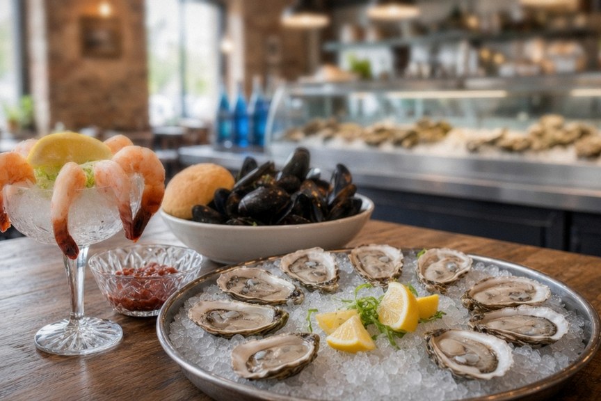 Illustrative AI food photo: shucked oysters on ice with lemon