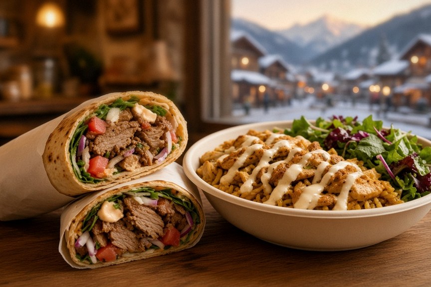 Illustrative AI food photo: a lamb kebab wrap with garlic sauce and pickled vegetables on paper