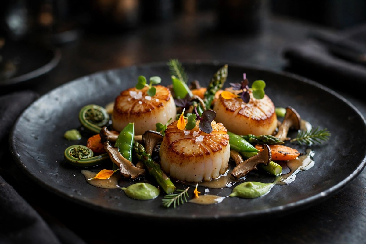 A plated fine dining dish with seared scallops and seasonal vegetables