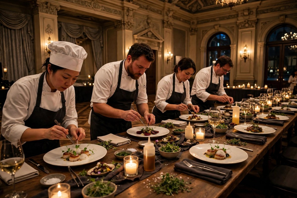 Chefs plating dishes at a long table in an elegant historic ballroom