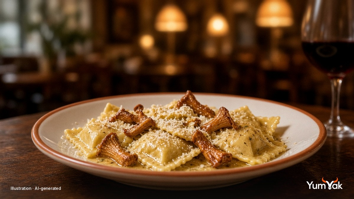 Illustrative AI-generated photo: mushroom ravioli in butter sauce on a wood table in a trattoria