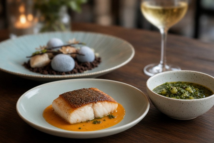 Illustrative AI food photo: a fish course and small bowls on pale ceramics with white wine