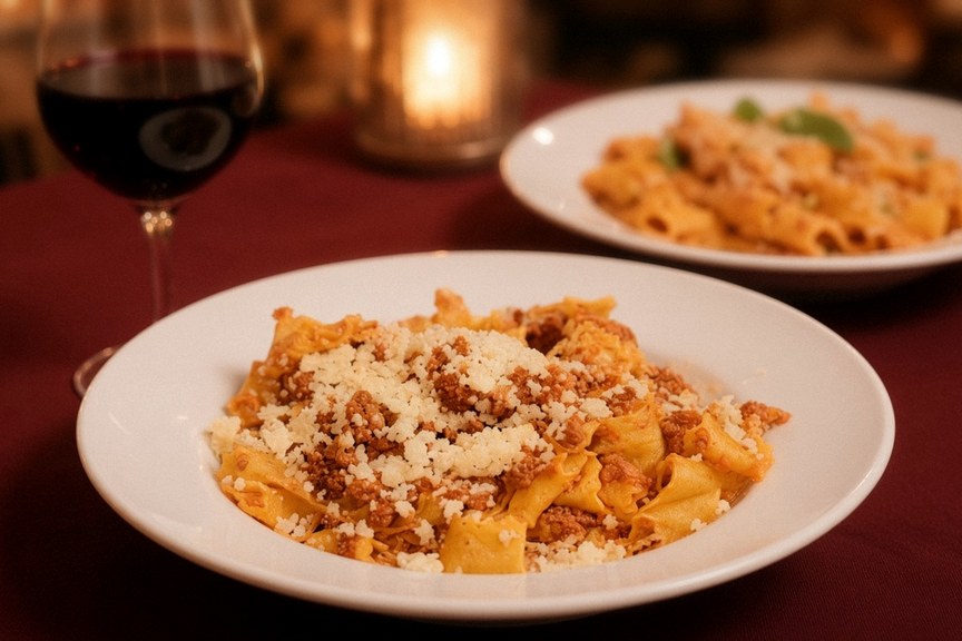 Illustrative AI food photo: rigatoni in a creamy pink vodka sauce in a shallow bowl