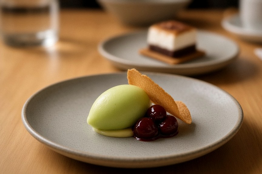 Illustrative AI food photo: a pale green sorbet with cherries and a layered dessert on a wooden table