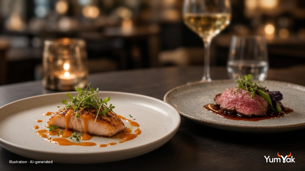 Illustrative editorial food photo: a refined tasting-menu plate with a Michelin-style setting