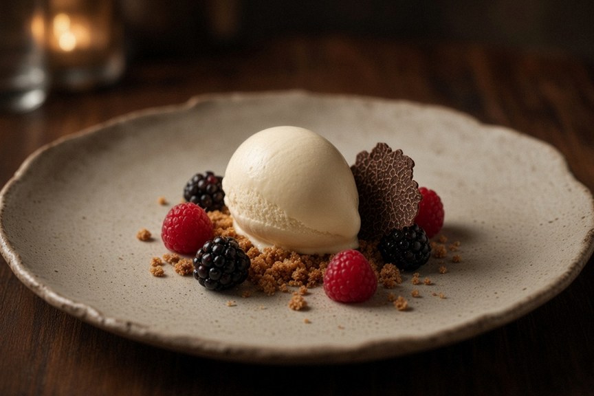 Illustrative AI food photo: a quenelle of ice cream with berries on a speckled plate