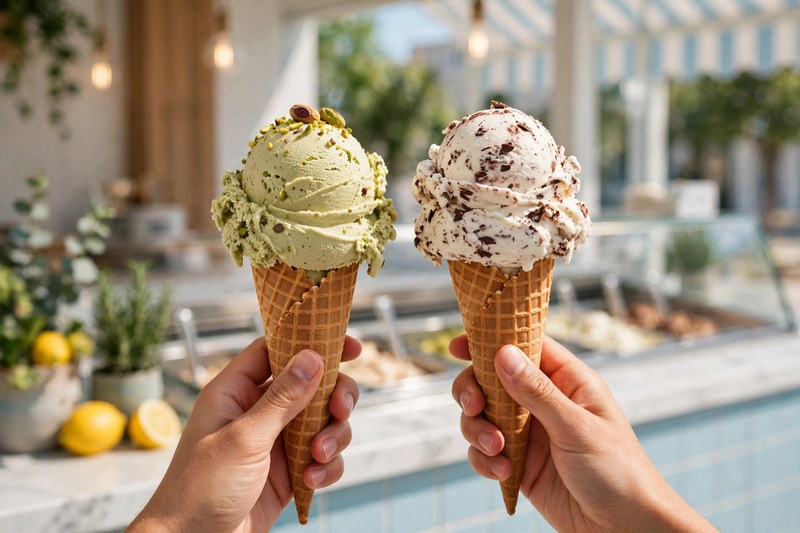 Clean photo of gelato display case with colorful flavors, no text