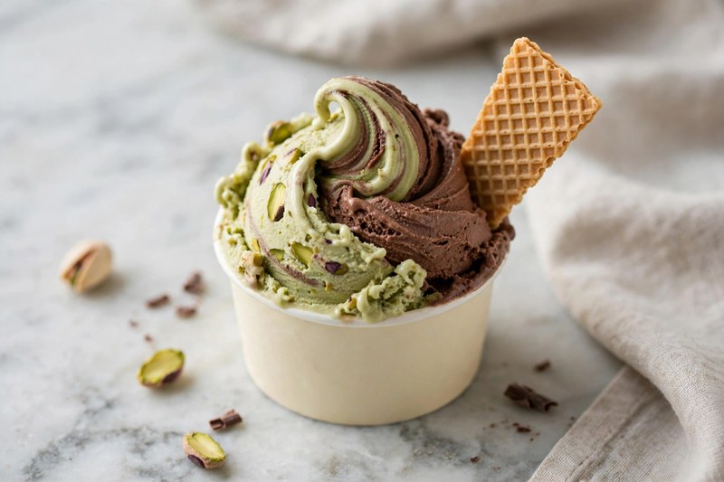 Clean photo of a gelato cone being served, no text