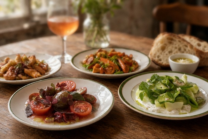 Illustrative AI food photo: small sharing plates and a glass of orange wine on a wooden bar