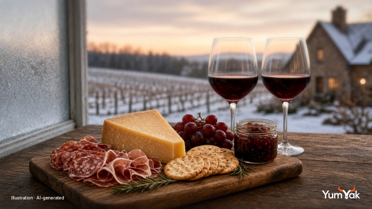 Illustrative AI food photo: a glass of red wine beside a small holiday canapé on a winery tasting bar