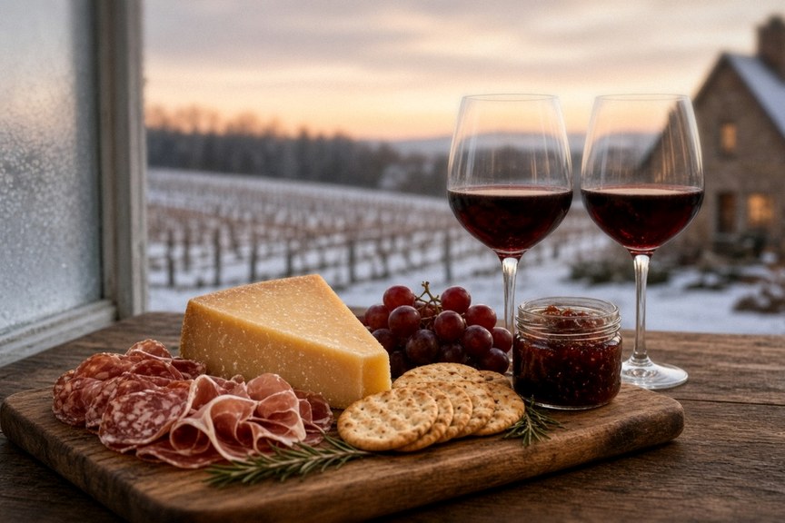 Illustrative AI food photo: a glass of red wine beside a small holiday canapé on a winery tasting bar