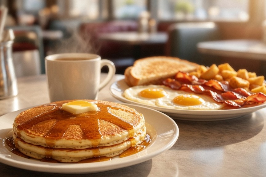 Illustrative AI food photo: pancakes, eggs and bacon with coffee on a diner table