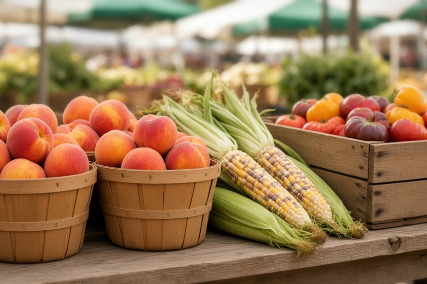 Illustrative AI photo: baskets of peaches, apples and corn on a market stall