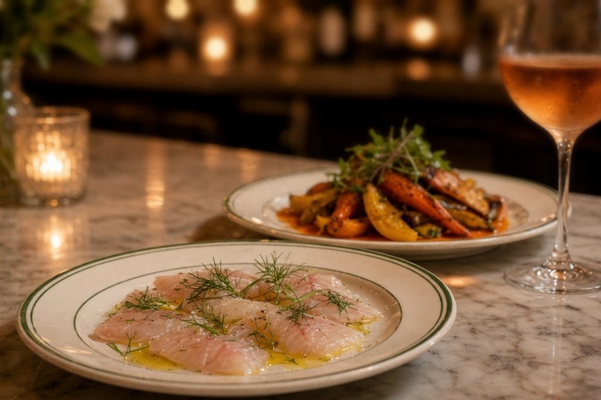 Illustrative AI food photo: a crudo and a vegetable plate with a glass of rosé