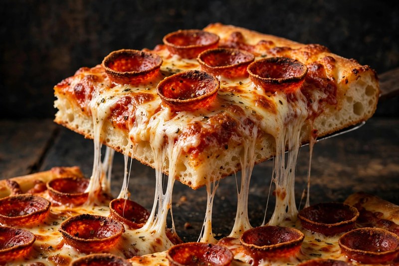 Square Sicilian pizza slice with crispy pepperoni being lifted