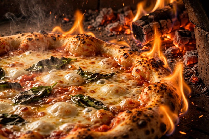 Pizza baking inside a wood-fired brick oven
