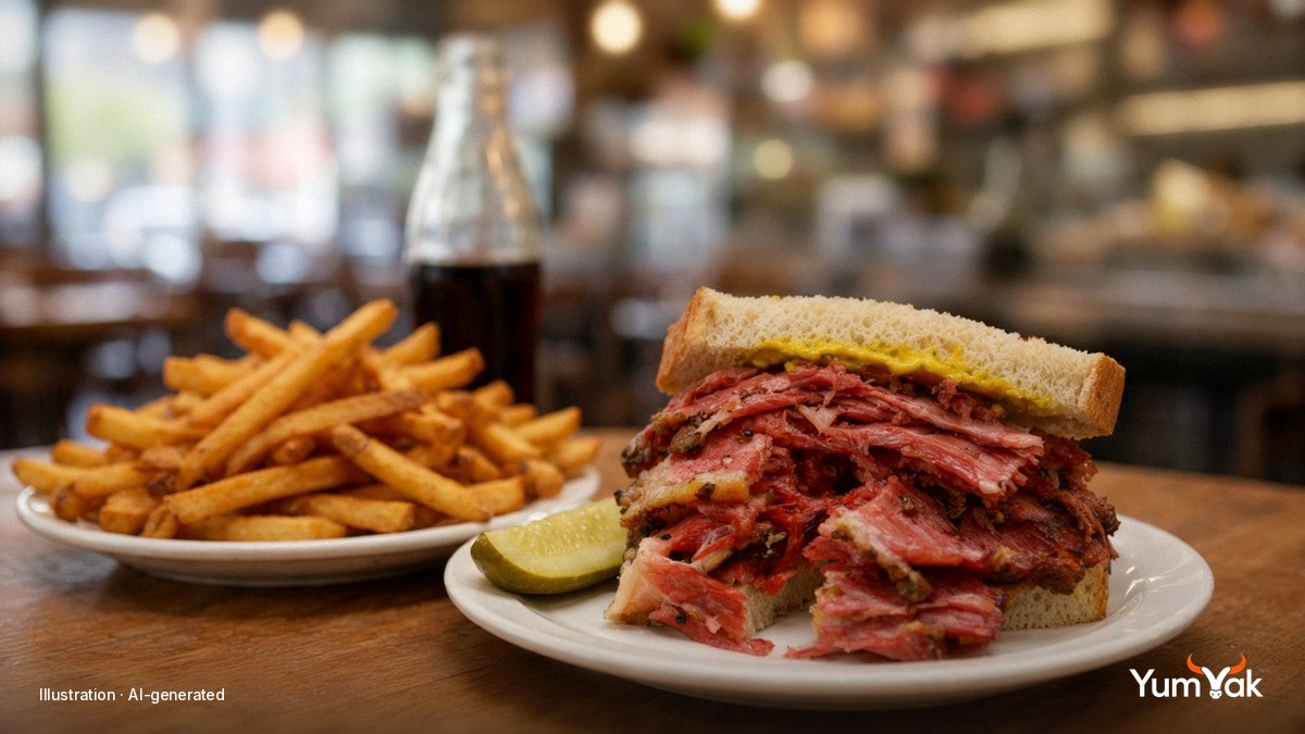 Illustrative editorial food photo: smoked meat on rye, fish soup and a rotisserie plate on a bistro table